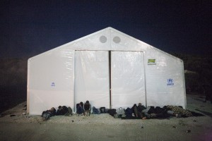 Refugees sleeping outside of the locked UNHCR tent / copyright: Salinia Stroux
